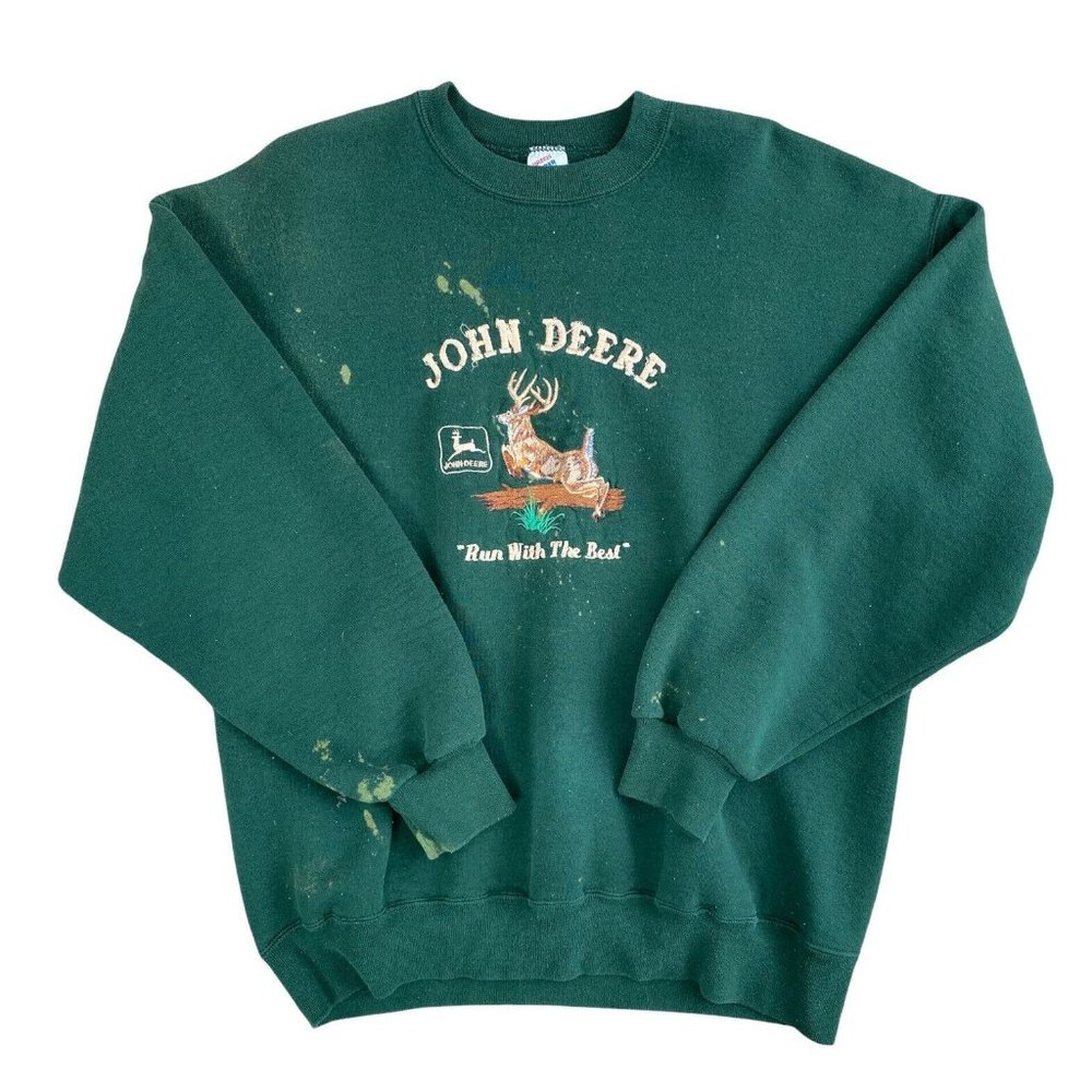 John Deere Embroidered Green Sweatshirt Vtg Jerzees Super Sweats Mens XL